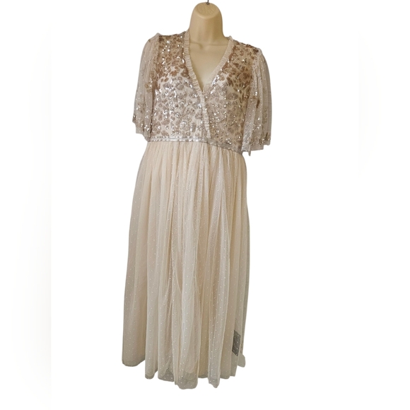 NEW BHLDN Needle & Thread 8 Wrap Midi Dress With Gold Embellisment In Champagne - Picture 5 of 13